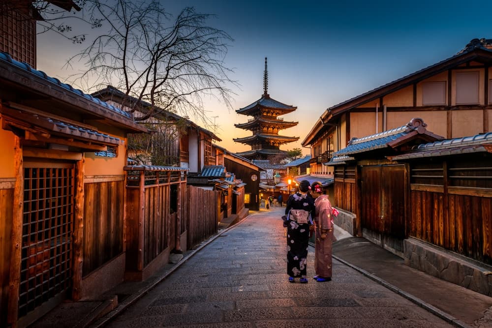 Traditional Japanese pagoda overlooking Kyoto
